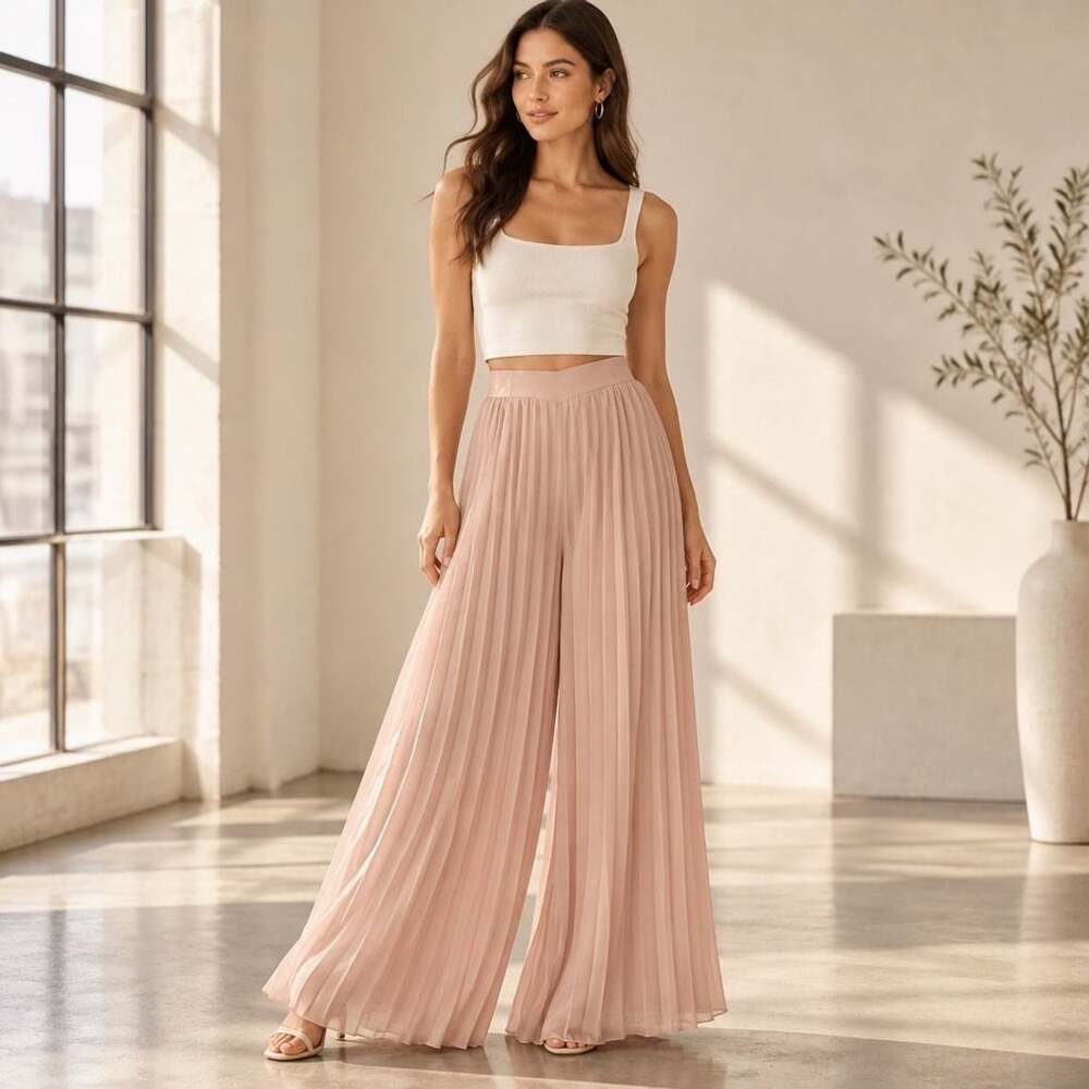 HYFVE Pleated Wide-Leg Pants Size M Pink Chiffon Palazzo Trousers